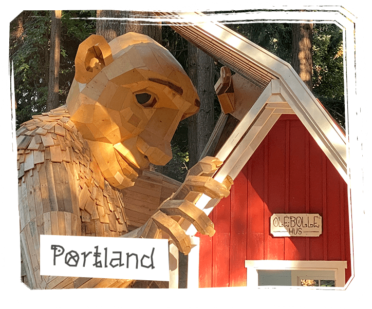 Northwest Trolls whimsical sculpture installation in Portland, Oregon
